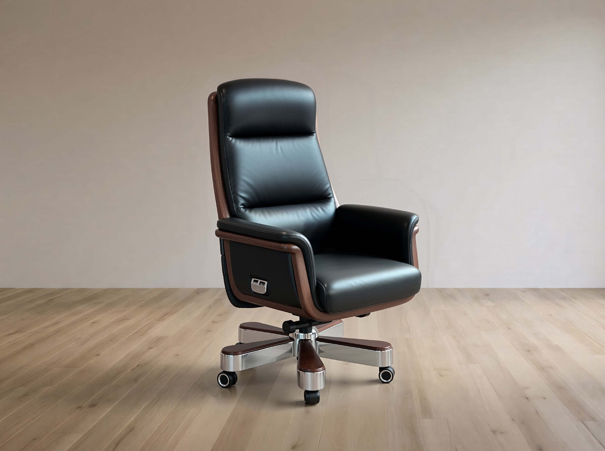 Black leather office chair on a wooden floor with a beige wall background