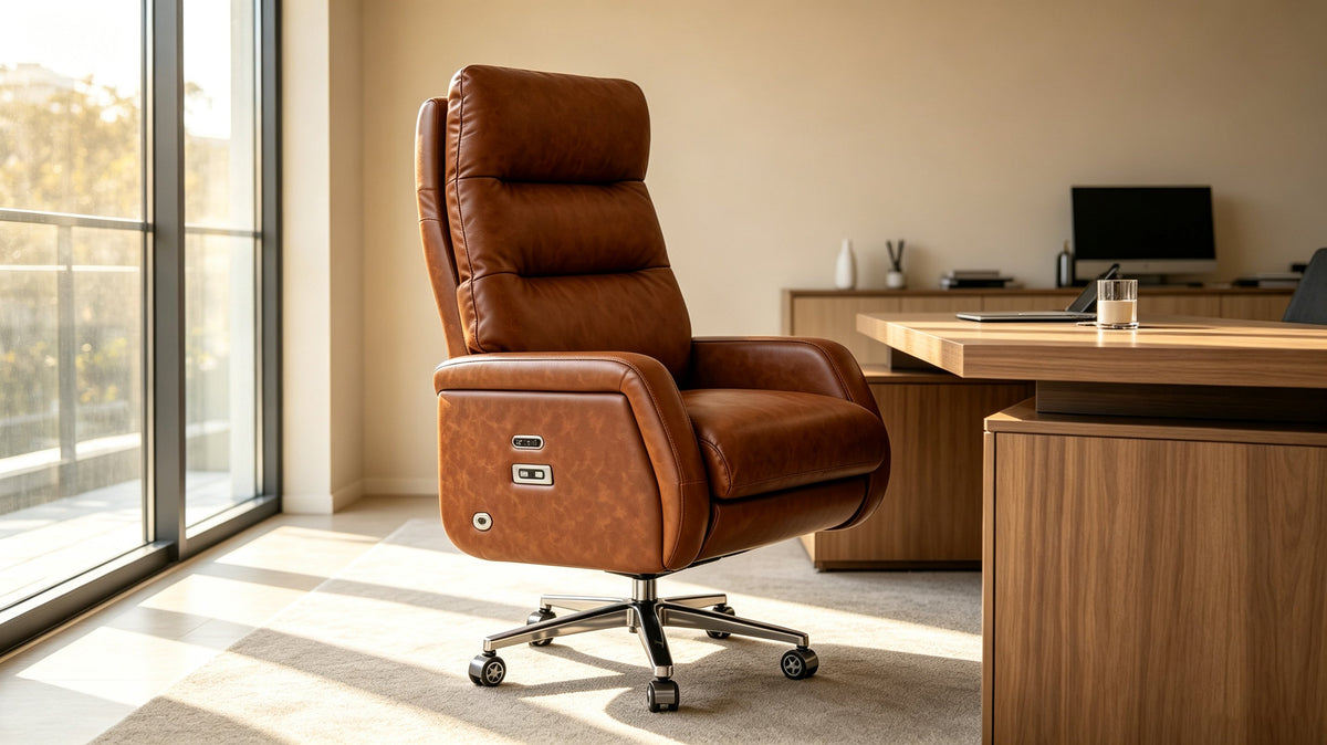 ROCTRY premium leather executive chair in bright modern Australian home‑office lifestyle scene