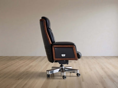 Luxury office chair with wooden accents in a minimalistic room.